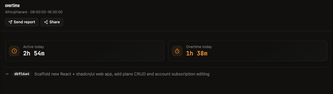 ShiftLog dashboard showing active time, overtime, and recent commits